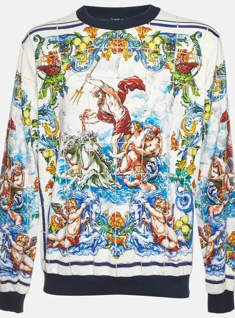 Dolce & Gabbana White Majolica Baroque Print Knit Sweatshirt XXL