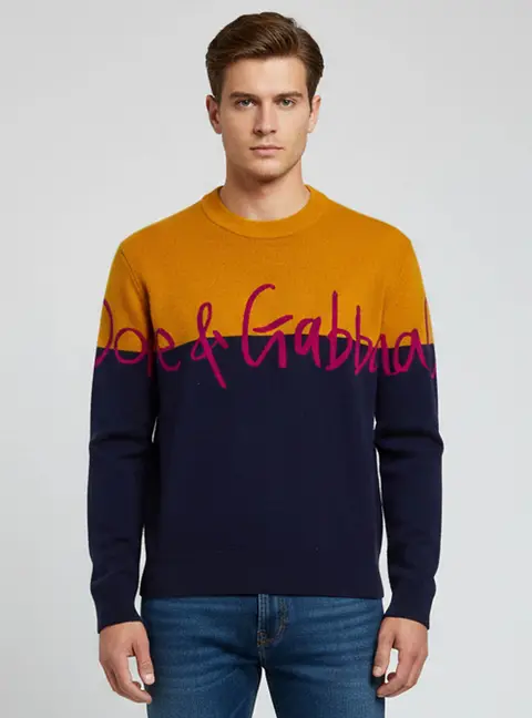 Dolce & Gabbana Colorblock Pattern Logo Detail Wool Crew Neck Sweater M
