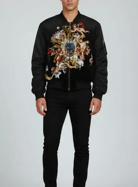 Dolce & Gabbana Black Baroque Angels Print Velvet Bomber Jacket L