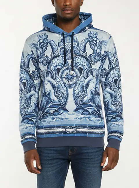 Dolce & Gabbana Blue Sicilian Majolica Print Cotton Hoodie L