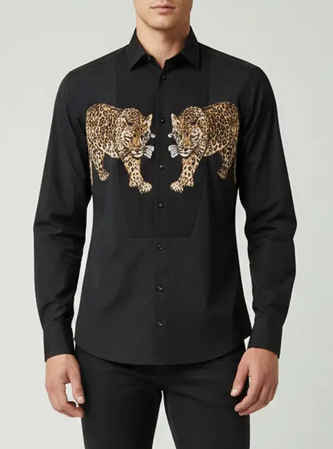 Dolce & Gabbana Black Cotton Blend Leopard Appliqued Tuxedo Shirt M