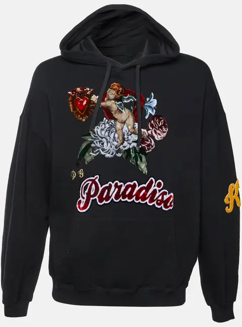 Dolce & Gabbana Black Paradise Applique Cotton Knit Hooded Sweatshirt L