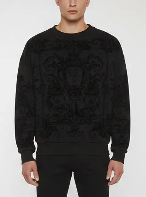 Dolce & Gabbana Black Baroque Logo Velvet Print Cotton Crew Neck Sweatshirt M