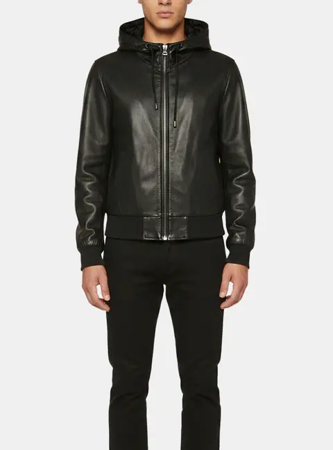 Dolce & Gabbana Black Leather Hooded Bomber Jacket S