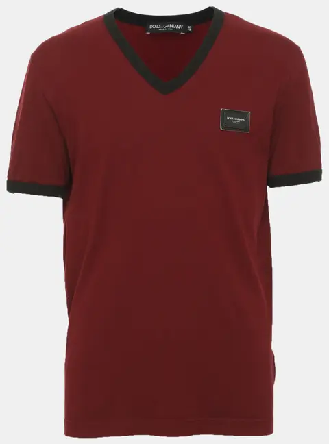 Dolce & Gabbana Burgundy Cotton Knit Logo Plaque Detail Crewneck T-Shirt M