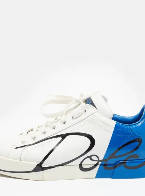 Dolce & Gabbana Portofino Size 42.5 WhiteBlue Leather Lace Up Sneakers