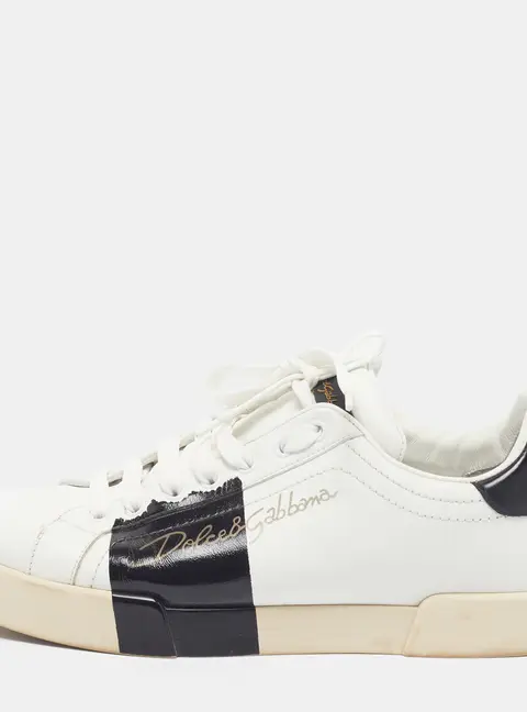Dolce & Gabbana Portofino Size 42.5 White/Black Leather Low Top Sneakers