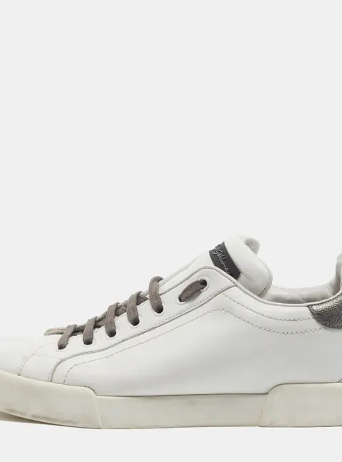 Dolce & Gabbana Portofino Size 41 White/Grey Leather Logo Pearl Embellished Low Top Sneakers