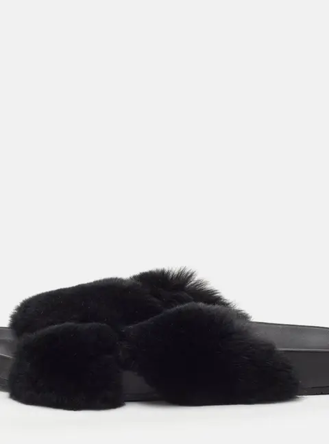 Dolce & Gabbana Size 44 Black Fox Fur Flat Slide Sandals