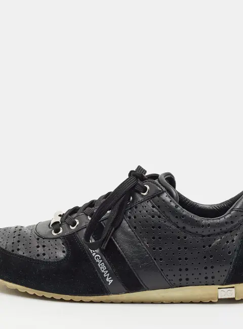 Dolce & Gabbana Size 40.5 Black Perforated Leather and Suede Low Top Sneakers