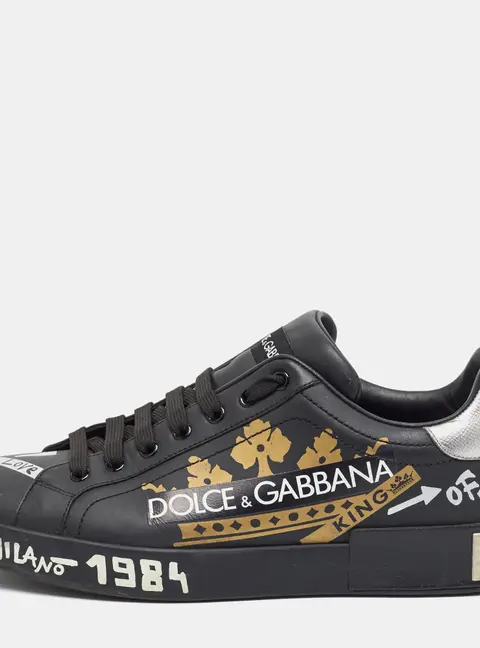 Dolce & Gabbana Portofino Size 43.5 Black/Silver Leather Low Top Sneakers