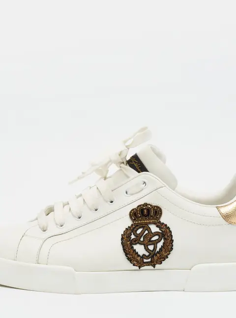 Dolce & Gabbana Portofino Size 43 White/Gold Leather Crown Patch Lace Up Sneakers