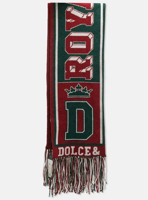 Dolce & Gabbana Burgundy/Green Logo Intarsia Cashmere Fringed Muffler