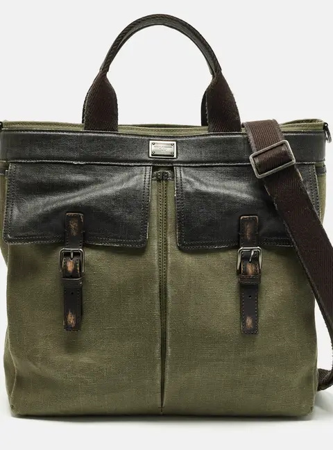 Dolce & Gabbana Green/Dark Brown Distressed Finish Canvas Tote