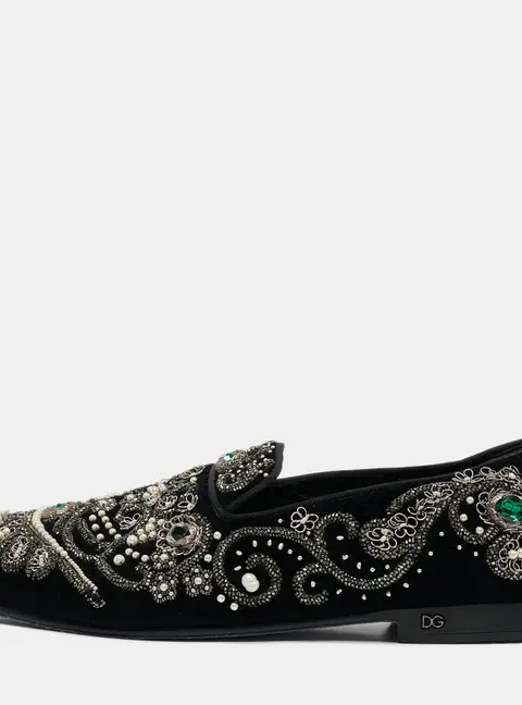 Dolce & Gabbana Black Velvet Embroidered and Embellished Smoking Slippers Size 42