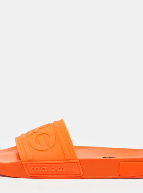 Dolce & Gabbana Neon Orange Rubber Logo Flat Slides Size 42