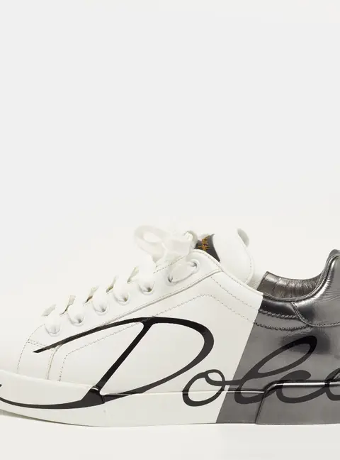 Dolce & Gabbana Portofino Size 40 White/Dark Grey Leather and Patent Lace Up Sneakers