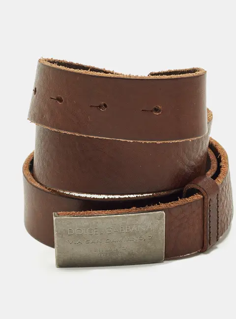 Dolce & Gabbana Logo Plaque 90 CM Buckle Belt Brown Leather