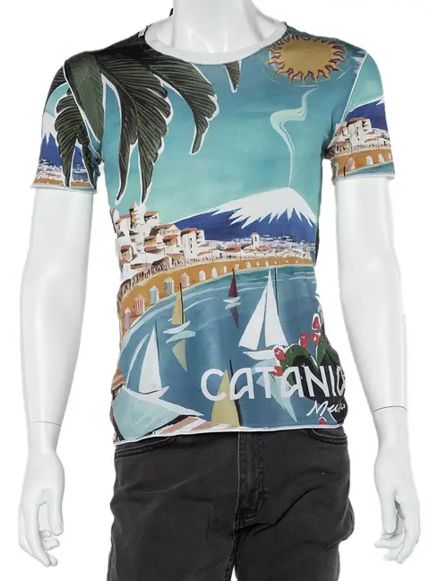 Dolce & Gabbana Blue Catania Tropical Ringer Printed Cotton T-shirt XS