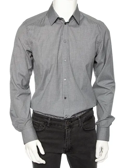 Dolce & Gabbana Grey Pin Check Cotton Front Button Shirt M