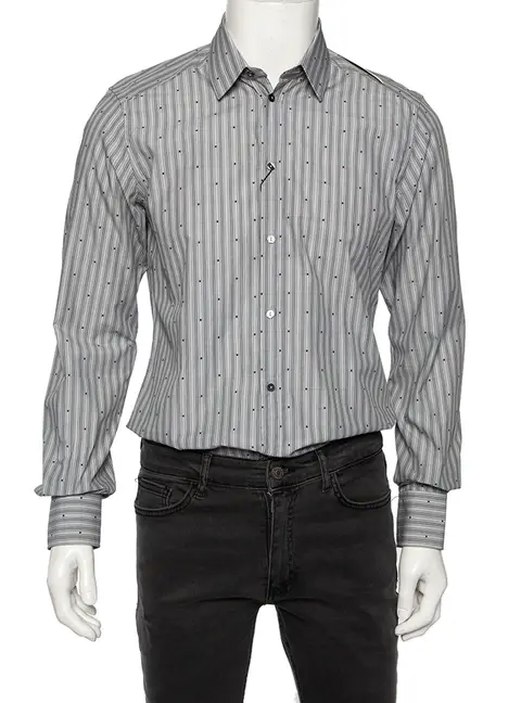 Dolce & Gabbana Grey Striped Cotton Embroidered Detail Gold Fit Shirt M