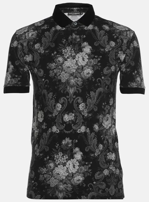 Dolce and Gabbana Black Floral Print Cotton Pique Polo T-Shirt XS