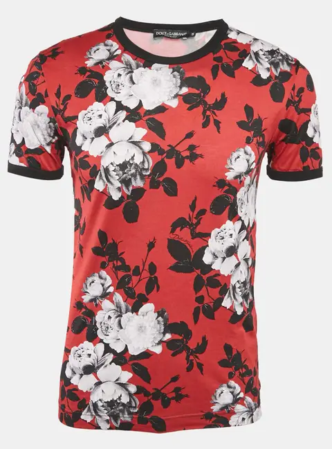 Dolce & Gabbana Red Floral Print Cotton Crewneck T-shirt XS