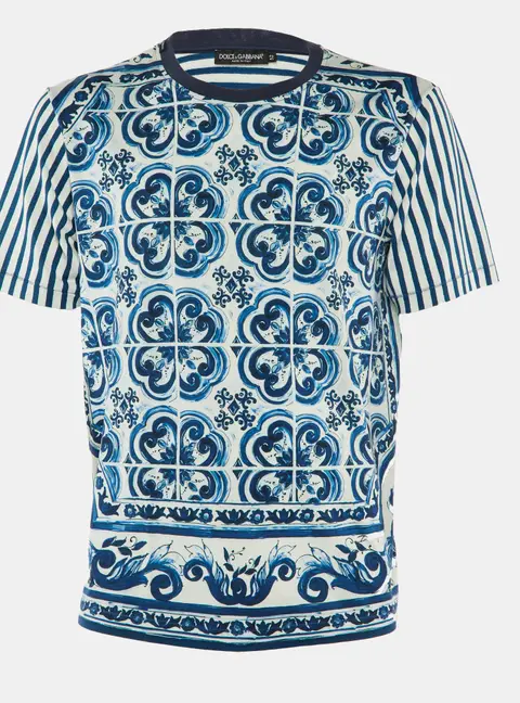 Dolce & Gabbana White Stripe Majolica Print Cotton Crewneck T-Shirt XL