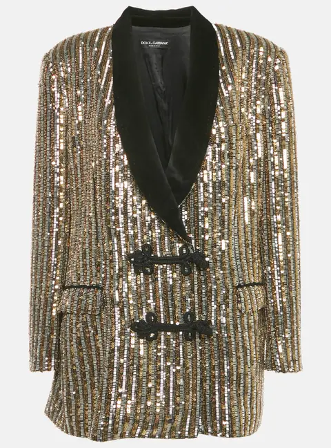Dolce & Gabbana Gold Sequin Embellished Toggle Up Blazer M