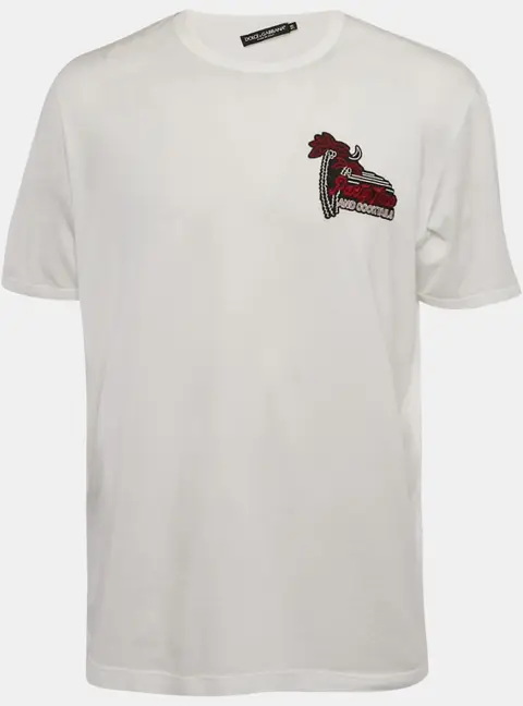 Dolce & Gabbana White Cotton Knit Applique Detail T-Shirt 4XL