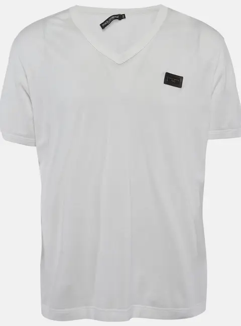 Dolce & Gabbana White Logo Plaque Jersey V-Neck T-Shirt XXL