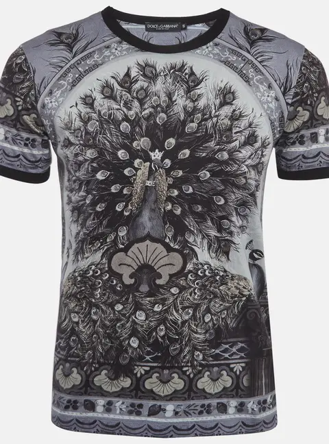 Dolce & Gabbana Grey Peacock Print Jersey T-Shirt M