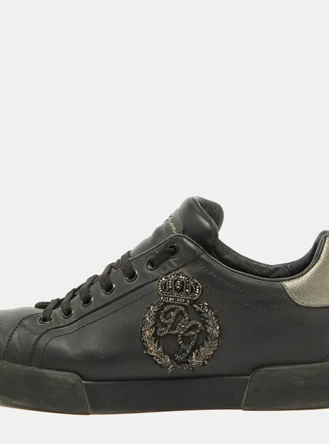 Dolce & Gabbana Black Leather Portofino Crown Patch Sneakers Size 41