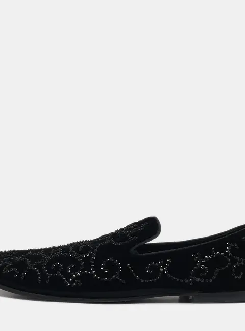 Dolce & Gabbana Size 43 Black Velvet Crystal Embellished Smoking Slippers