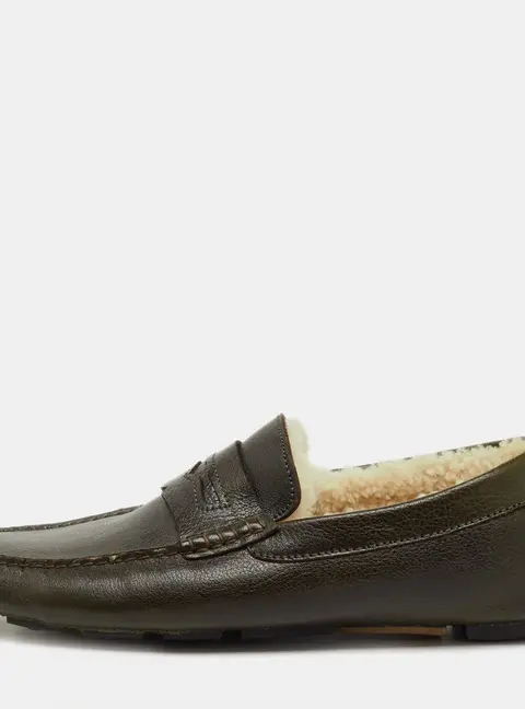 Dolce & Gabbana Olive Green Leather Shearling Fur Slip On Loafers Size 44