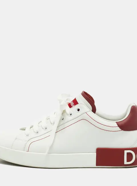 Dolce & Gabbana Portofino Size 40 White/Burgundy Leather Lace Up Sneakers