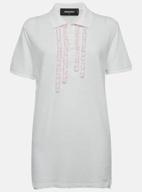 Dsquared2 White Cotton Ruffle Detail Polo T-Shirt M