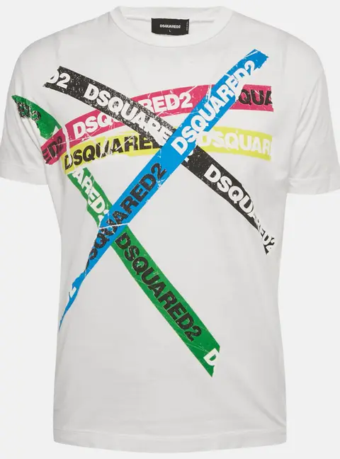 Dsquared2 White Logo Tape Print Jersey T-Shirt L