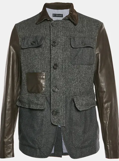 Dsquared2 Grey/Brown Herringbone Wool and Leather Jacket XL