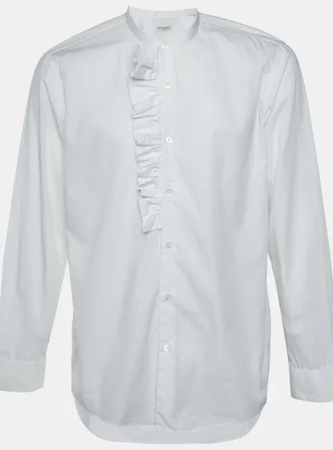 Dries van Noten White Cotton Frill Detail Mandarin Collar Shirt XL