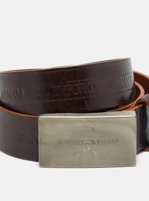 Emporio Armani Logo Plaque 46 Buckle Belt Brown Leather