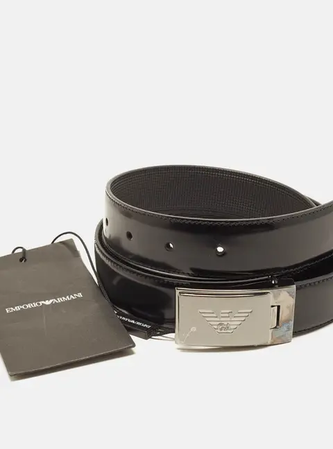 Emporio Armani Logo Plate Buckle Cut to Size Belt Black Leather