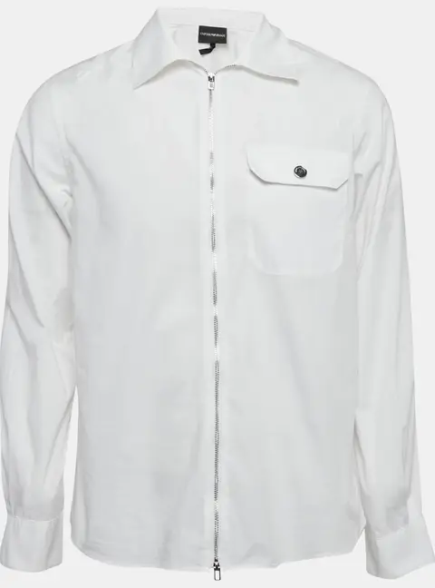Emporio Armani White Cotton Zip-Up Long Sleeve Shirt L