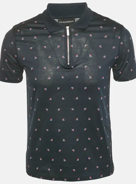 Emporio Armani Navy Blue Logo Print Cotton Zip -Up Polo T-Shirt S
