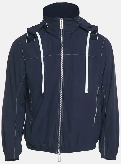 Emporio Armani Navy Blue Synthetic Logo Band Conceal Hood Jacket S
