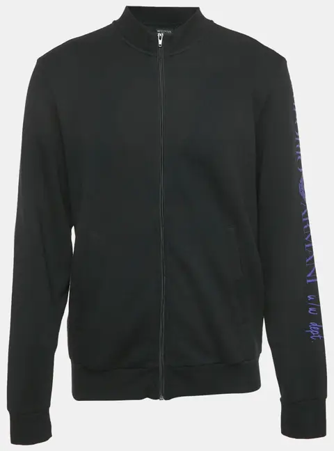 Emporio Armani Black Cotton Logo Print Zip Front Hoodie L