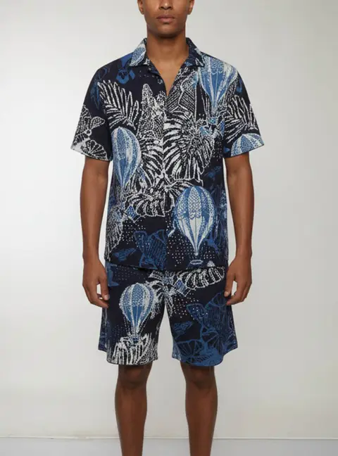 Emporio Armani Blue Tropical Jacquard Knit Shirt and Shorts Set M