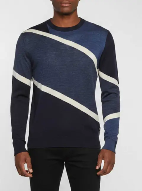 Emporio Armani Blue Striped Instarsia Wool Knit Sweater M