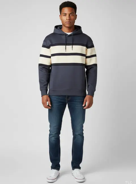 Emporio Armani Navy Blue Striped Double Jersey and Cotton Hoodie M