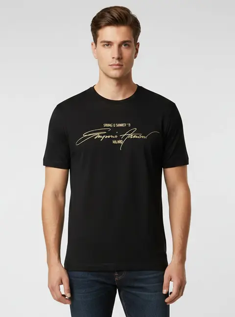 Emporio Armani Black/Gold Logo Signature Jersey T-Shirt L